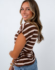 Lightweight knit top, fall lounge top, brown and white striped top, brown lounge top