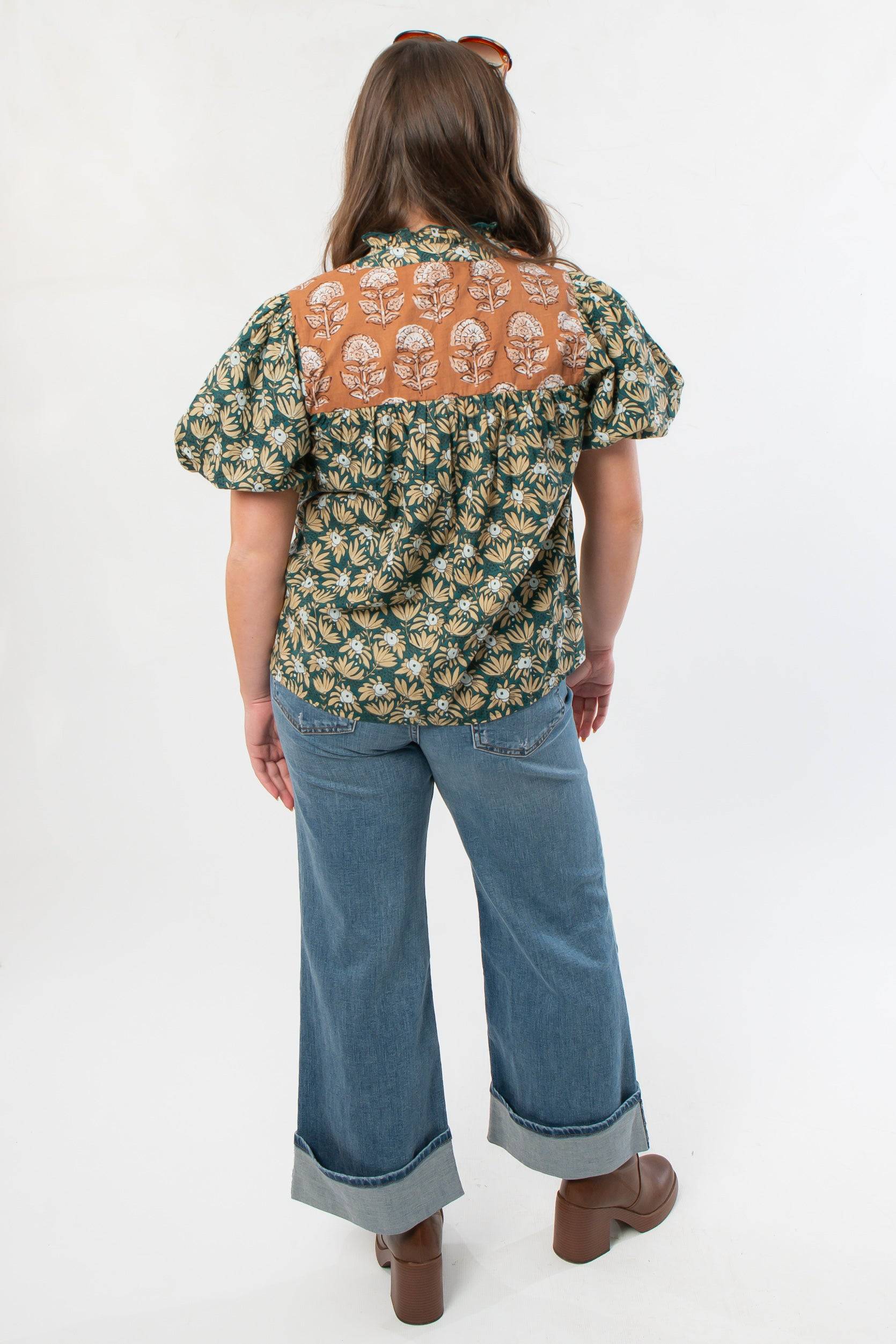 Back view of THML Green Floral Color Block Puff Sleeve Top highlighting the color block yoke and floral print, perfect for fall styling.