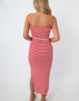 Showstopper Stripe Red Strapless Knit Midi Dress