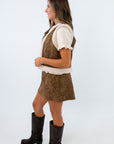 Khaki brown suede vest with embroidered floral design, matching vest and skirt set