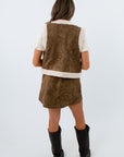 Sherpa trim vest with side pockets for fall layering, suede vest with floral embroidery, fall vests, Matching skirt and vest fall outfit