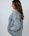 Vintage-inspired light wash denim jacket with oversized fit, oversized denim jacket with pockets