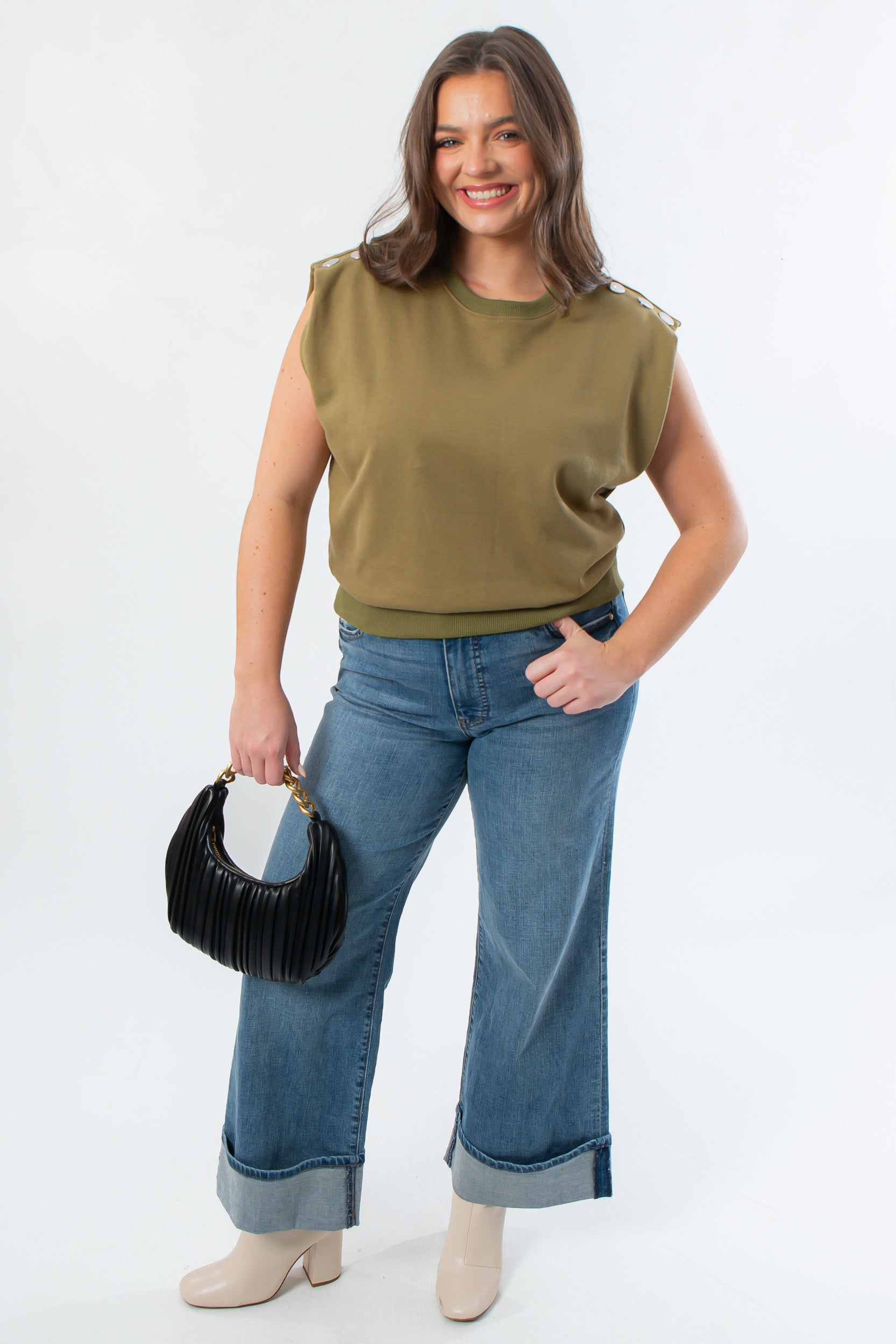 THML Olive Green Studded Sleeveless Top