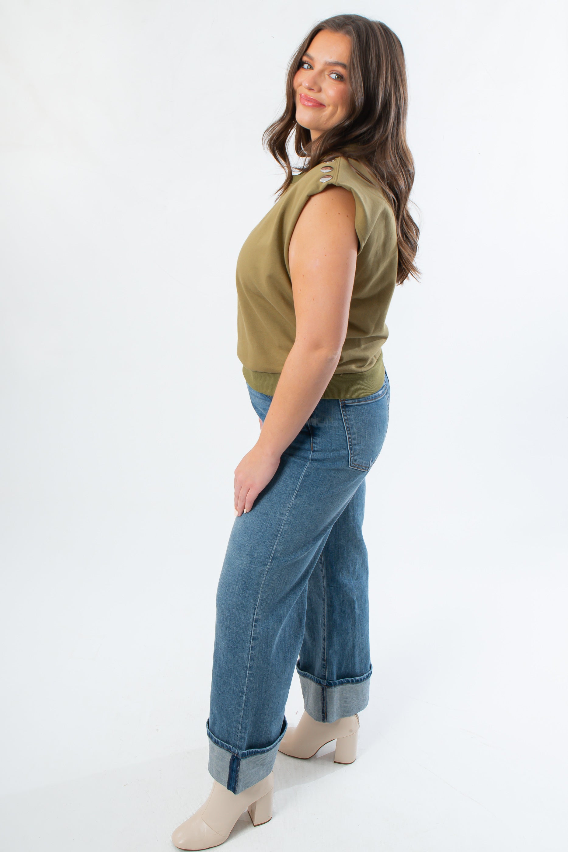 THML Olive Green Studded Sleeveless Top