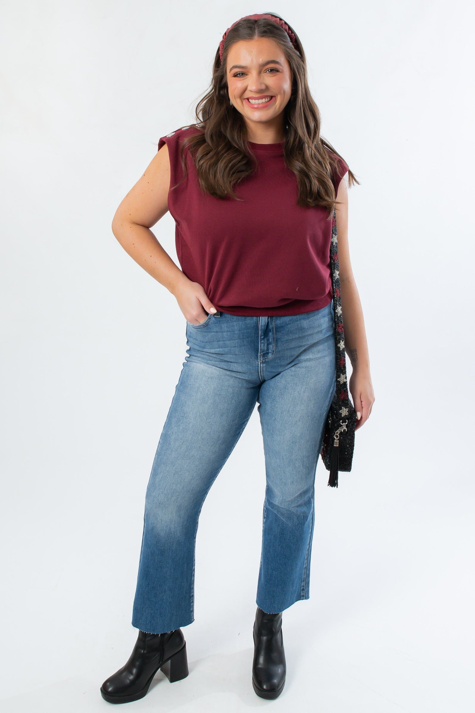 THML Burgundy Studded Sleeveless Top styled with jeans and boots, perfect for fall or USC game day looks.