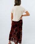 MinkPink Chocolate Burnout Velvet Anouk Midi Skirt with elastic waistband, MinkPink burgundy midi skirt with floral pattern , MinkPink mesh midi skirt