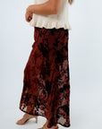 Streamlined silhouette floral velvet skirt for fall, burgundy velvet skirt, burgundy mesh skirt, long velvet skirt for fall