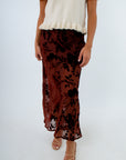 Sheer mesh midi skirt with floral velvet detailing, burgundy midi skirt, fall midi skirts, long skirt for fall
