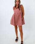 Red and beige gingham mini dress for game day, labor day, summer dress