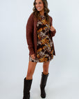 Fall mini dress with warm earthy tones and invisible back zip, brown floral mini dress, fall mini dress, fall floral mini dress