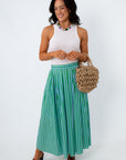 Green and blue striped midi skirt with side pockets and elastic waistband