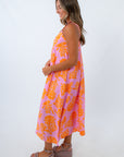 Purple floral midi dress with adjustable straps, Clemson game day dress