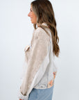 Functional front pockets floral patchwork jacket for fall layering, lightweight jacket with patchwork detailing, denim jacket with corduroy