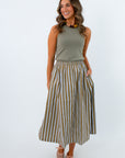 Going Places Olive & Blue Stripe Midi Skirt