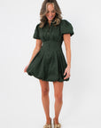 Chic Arden Hunter Green Bubble Dress featuring short puff sleeves, front zipper, and flared mini silhouette for holiday or party wear.