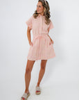 Palm Sunday Embroidered Mini Dress in pink stripes with floral detail
