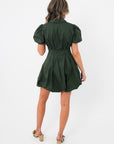 Back view of Arden Hunter Green Bubble Dress with pleated skirt, cinched waist, and short puff sleeves for a flattering silhouette.