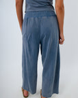 Washed denim barrel silhouette pants, pants with elastic waistband, comfy blue pants