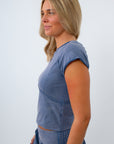 Campus Crush Washed Denim Knit Crop Top, blue crop top, blue lounge top