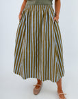 Olive green and blue striped midi skirt with elastic waistband, long striped skirt, colorful striped skirt