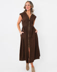 Chic Brownstone Front Zip Sleeveless Midi Dress featuring front pockets and a flattering A-line silhouette, ideal for casual or dressy occasions.