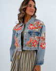 Cropped lightwash denim jacket, colorful beaded denim jacket, colorful jacket for fall