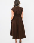 Back view of the Brownstone Front Zip Sleeveless Midi Dress highlighting the elastic cinched waist and soft fabric drape for all-day comfort.