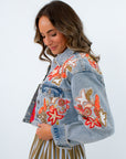 Cropped denim jacket with vibrant beaded floral designs, denim jacket with beading all over, beaded denim jacket