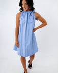 Poplin Pinstripe Powder Blue Tie Neck Dress