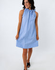 Woman in blue pinstripe dress with ruffled neckline, standing with hand on hip, smiling
