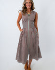 THML zip front teacher dress, THML fall dress, THML midi dress, THML blue and brown dress