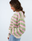 Soft knit long sleeve colorful sweater for fall, pink and green striped sweater, colorful striped sweater
