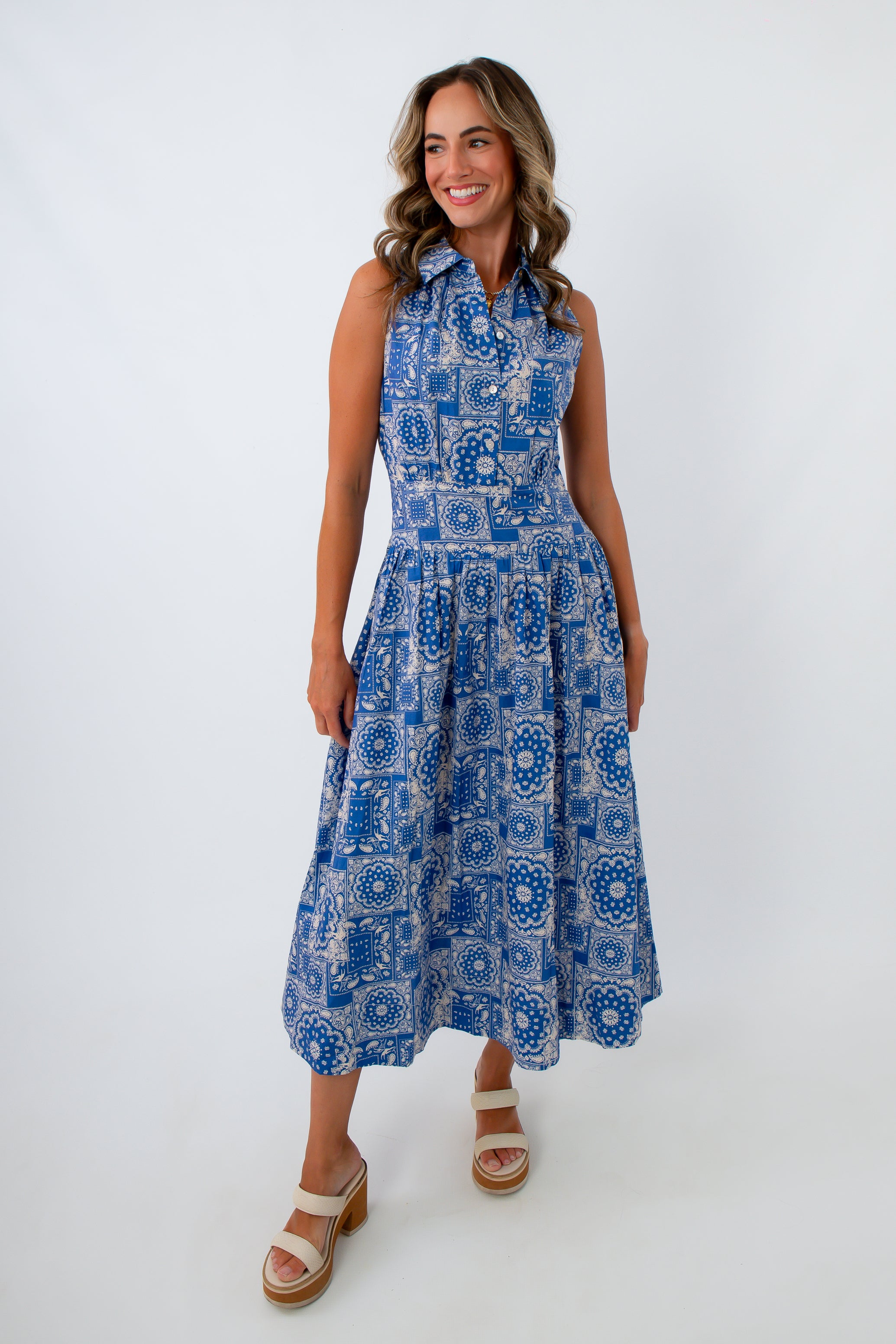 Bandana Medallion Maxi Dress - Blue Cotton Patchwork Maxi