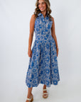 Blue patchwork dress with pleated details, blue patchwork maxi dress, blue bandana dress
