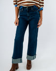 High-rise dark wash wide leg denim jeans with seaming details, Women's dark wash wide leg jeans featuring fading and seaming