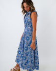 Collared sleeveless maxi dress for summer, blue maxi dresses, blue printed maxi dress, women's collared dress