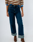High-rise dark wash wide leg denim jeans with ankle cuff, jeans with ankle cuff, dark wash jeans for women