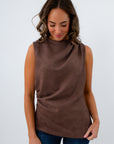 Brown suede sleeveless top with zipper back for easy wear, fall workwear, brown suede top with asymmetric hem