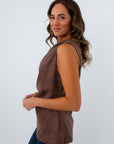 Lightweight sleeveless suede top perfect for fall layering, tops with asymmetric hem, sleeveless brown suede top, fall going out tops