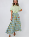 Queen of Sparkles Easter Egg Plaid Midi Skirt with appliqués, perfect for teacher spring outfit