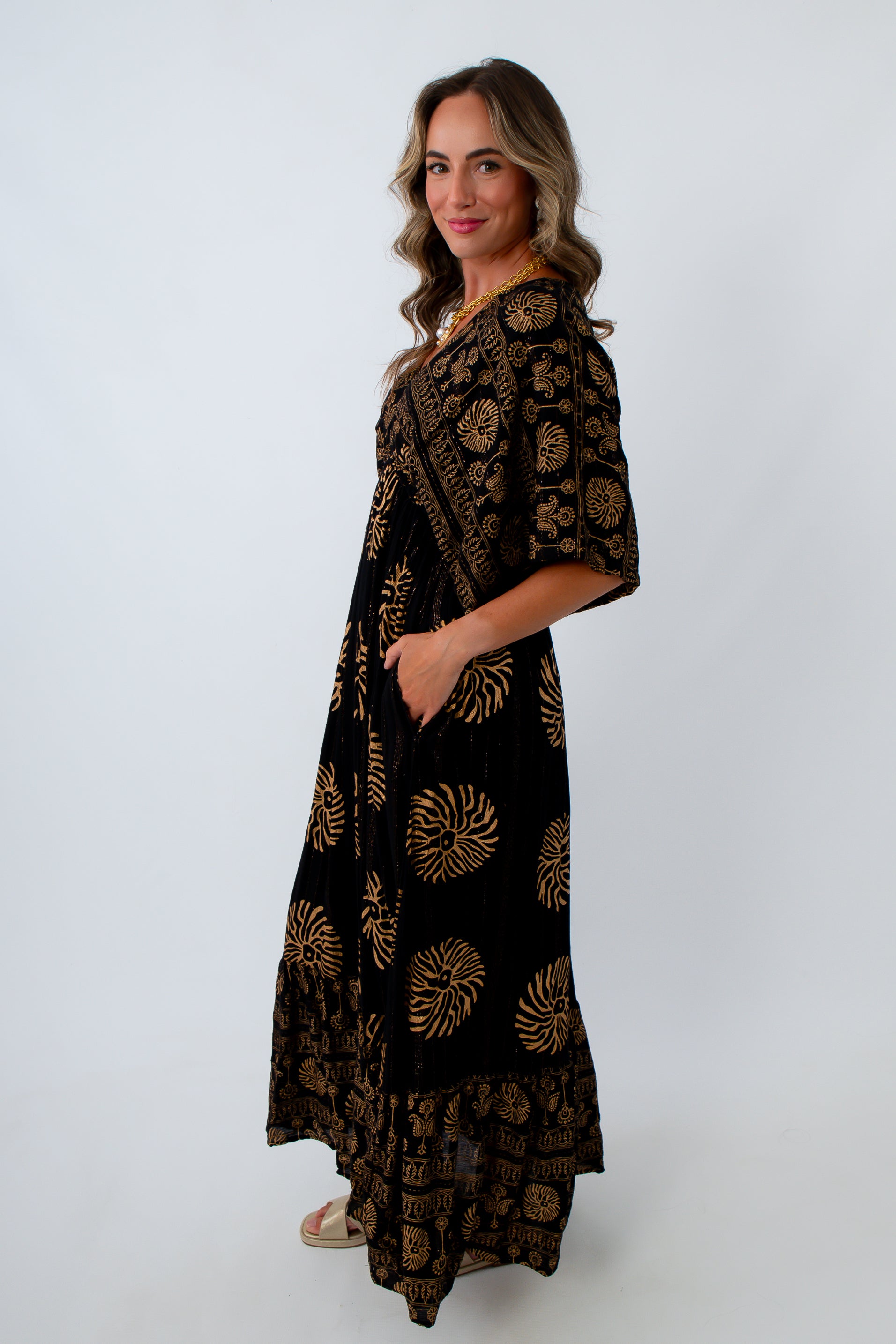 Celeste Black and Gold Lurex Maxi Dress