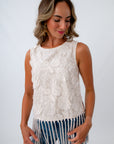 Western style floral embroidery top with fringe, ivory top with fringe, sleeveless top with fringe
