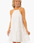 Antique Floral Halter Dress in white with vintage floral lace, ideal for brides or resort occasions. Lightweight and sleeveless for warm weather.