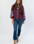 Elegant Wine Multi Long Sleeve Embroidered Blouse featuring contrast piping and voluminous sleeves, perfect for workwear or holiday styling.