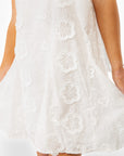 Close-up of Antique Floral Halter Dress fabric showing detailed white floral lace, highlighting its vintage-inspired texture and bridal elegance.