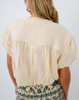 Bubble hem knit and cotton top, bubble hem tops, ivory blouse, knit short sleeve top