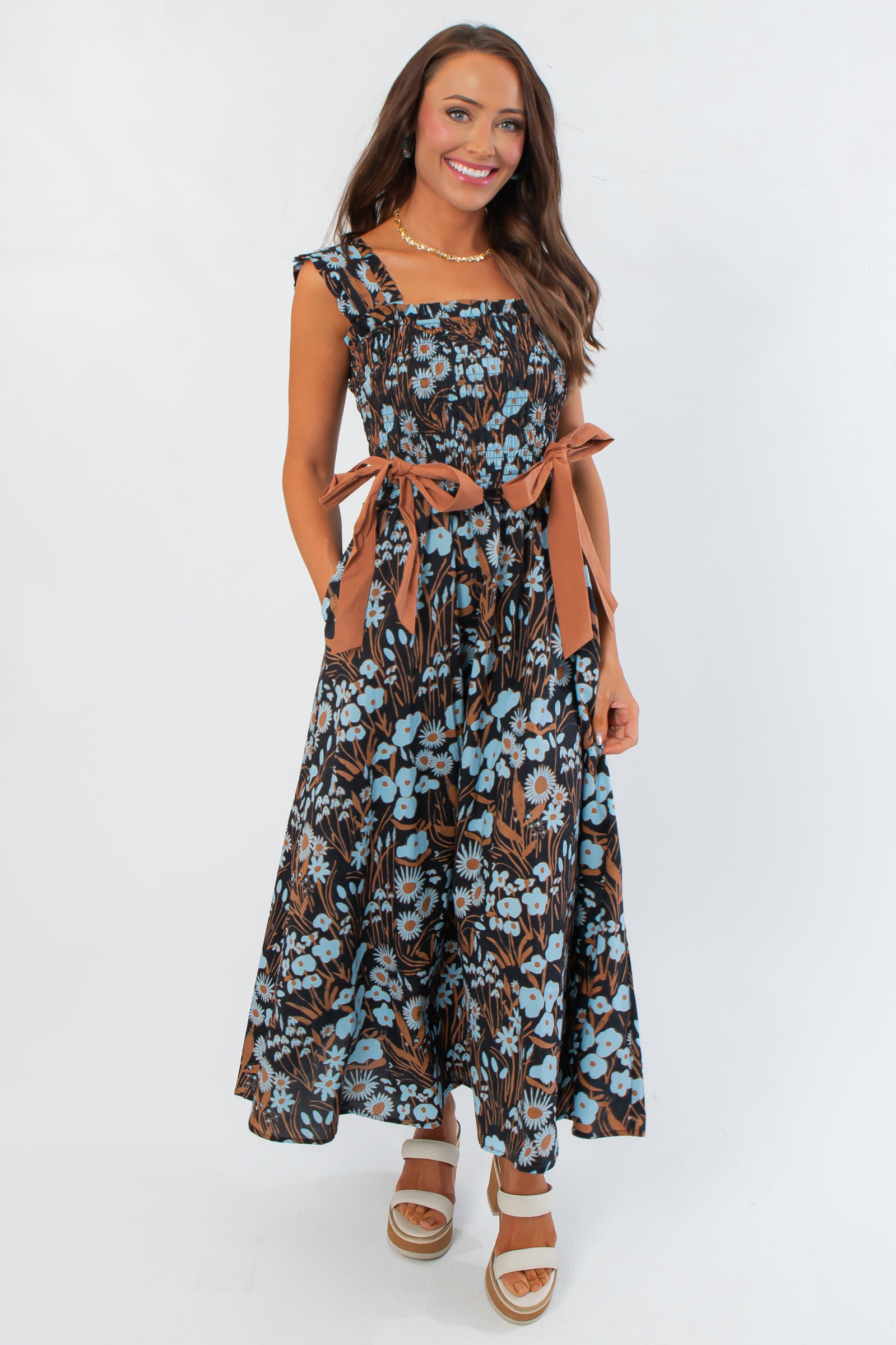 Midnight Floral Black Ribbon Midi Dress