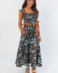 Midnight Floral Black Ribbon Midi Dress