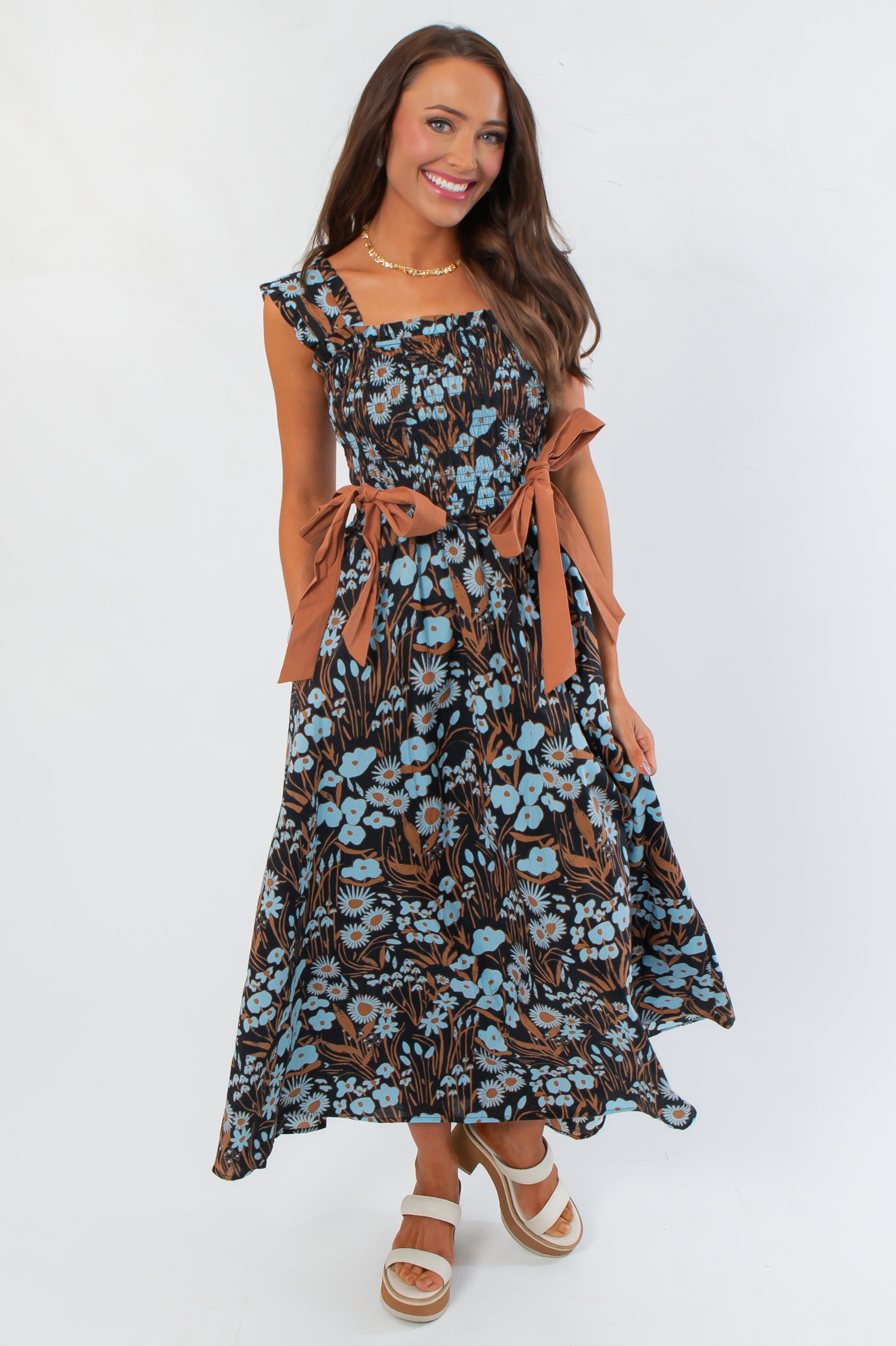 Midnight Floral Black Ribbon Midi Dress