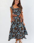 Midnight Floral Black Ribbon Midi Dress